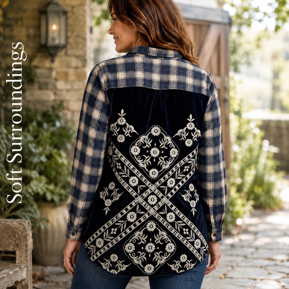 Soft Surroundings Plaid Velvet Embroidered Back Shirt Womens M Blue White Boho